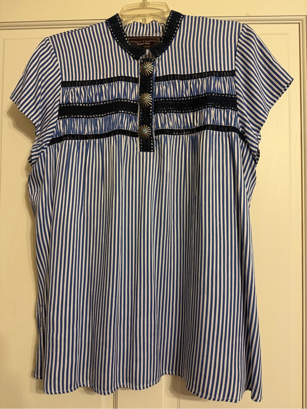 Double D Ranch Blue & White Striped Short Sleeve Tunic with silver buttons